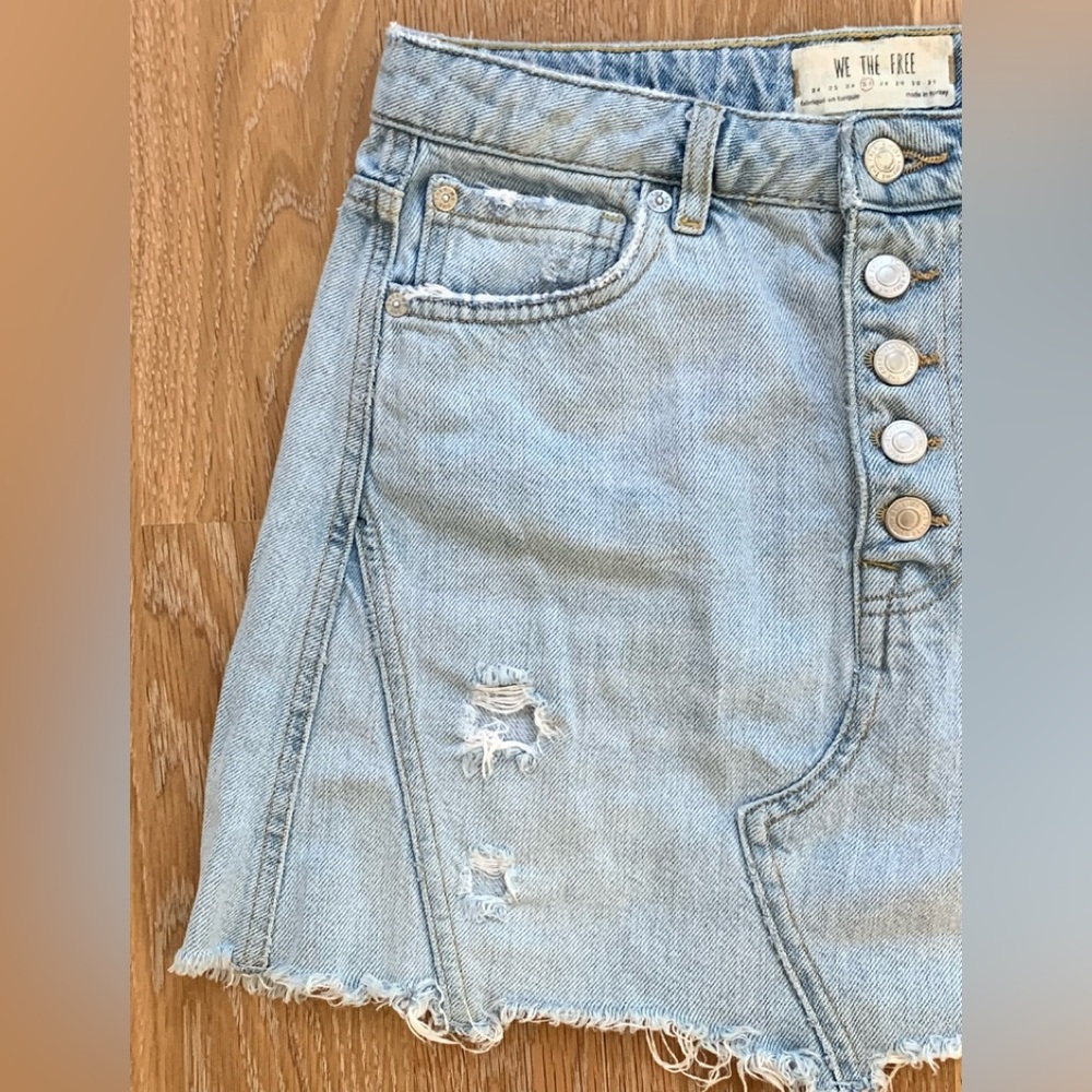 Free People, We The Free - Distressed Jean Skirt, Raw Hem, Denim A-Line, Size 27 - Picture 4 of 10